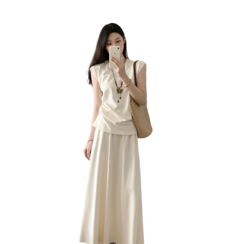 Französisches Salz-Kleid Anzug Rock Damen Sommerkleid mit einem kompletten Set Mode ärmelloses Oberteil knielanger Rock zweiteiliges Set