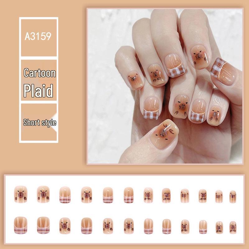 

Capybara Cartoon Plaid Press-On Nails - Cute Short French Nail Art Patches