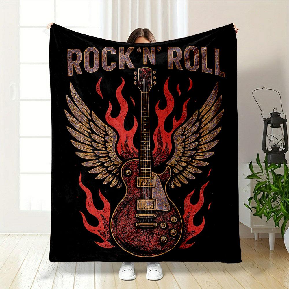 A Guitar with Flames and Wings, Surrounded by the Text Rock N Roll . for All Seasons Blanket Lunch Break Throw Gift 75X95CM