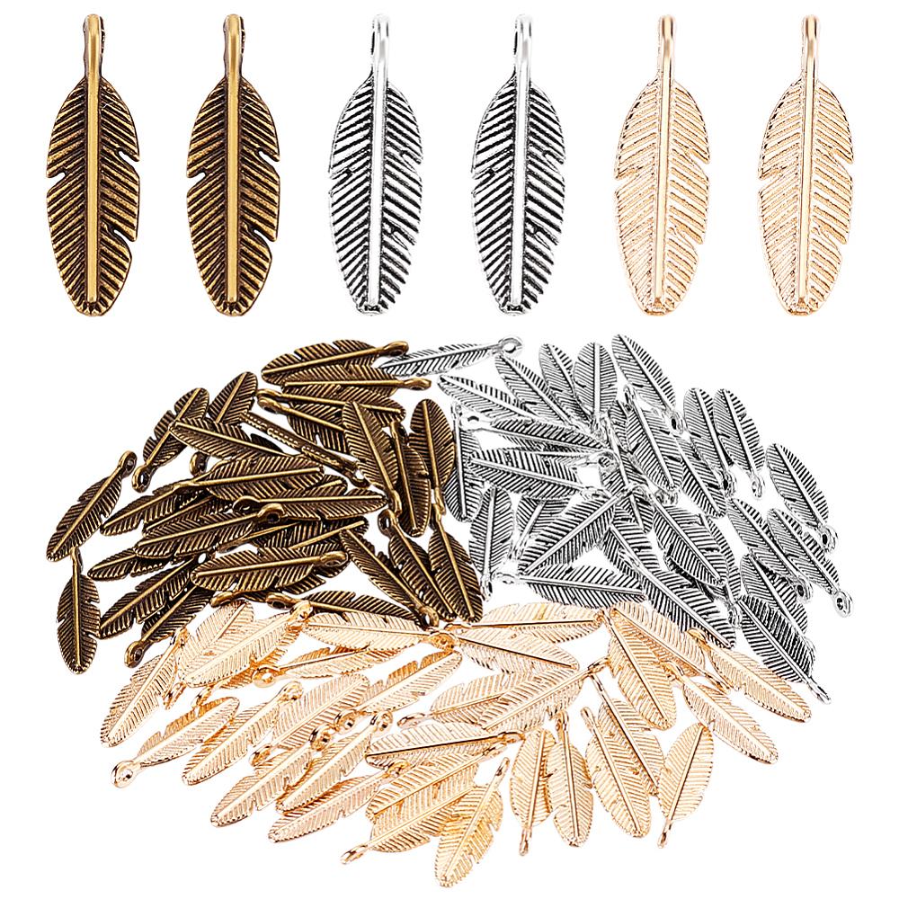 90Pcs 3 Colors Tibetan Style Alloy Pendants Leaf Charms Mixed Color 20.5x6x2mm Hole: 1.4mm 90pcs/set