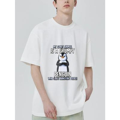 Rundhals T-Shirt Schwarz Griesgrämiger Pinguin mit Text Mein Geisttier ist ein griesgrämiger Pinguin, der nervige Leute ohrfeigt Freizeitkleidung für Männer und Frauen