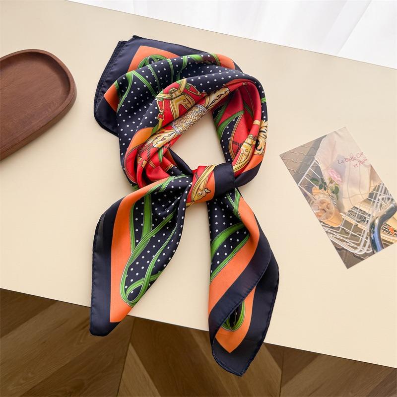 Chain Dot Printed Silk Like Small Square Scarf For Women Sun Protection