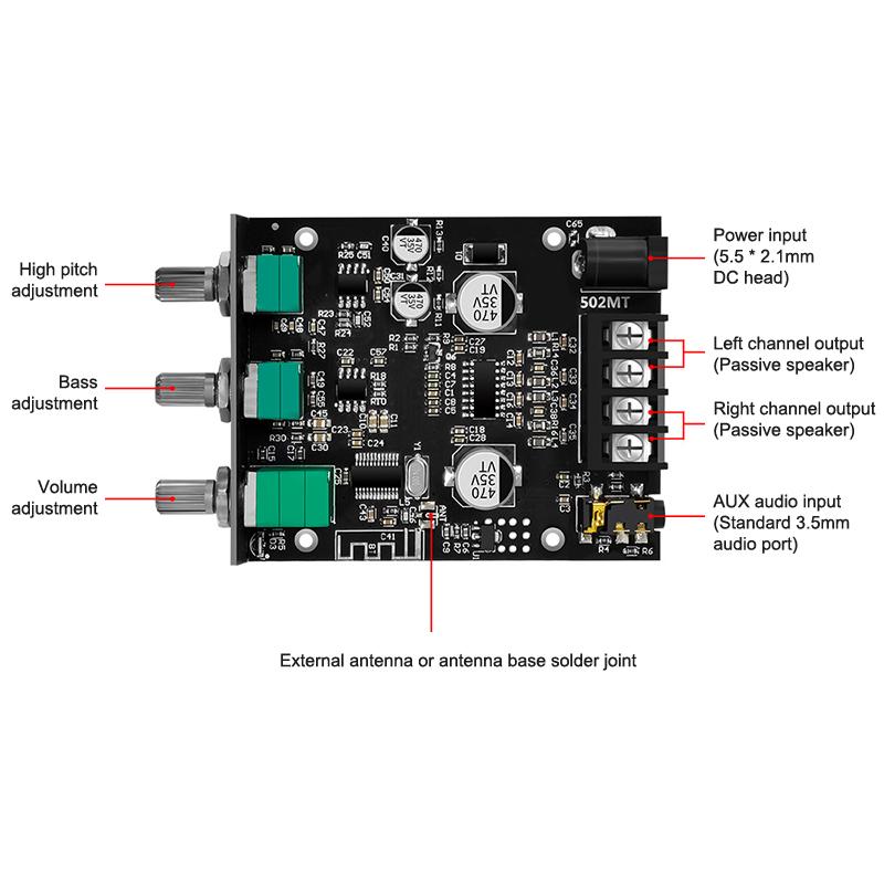 Zk-502Mt Bluetooth 5.0 Subwoofer Amplifier Board 2.0 Channel High Power Audio Stereo Amplifier Board 2X50W Bass Amp