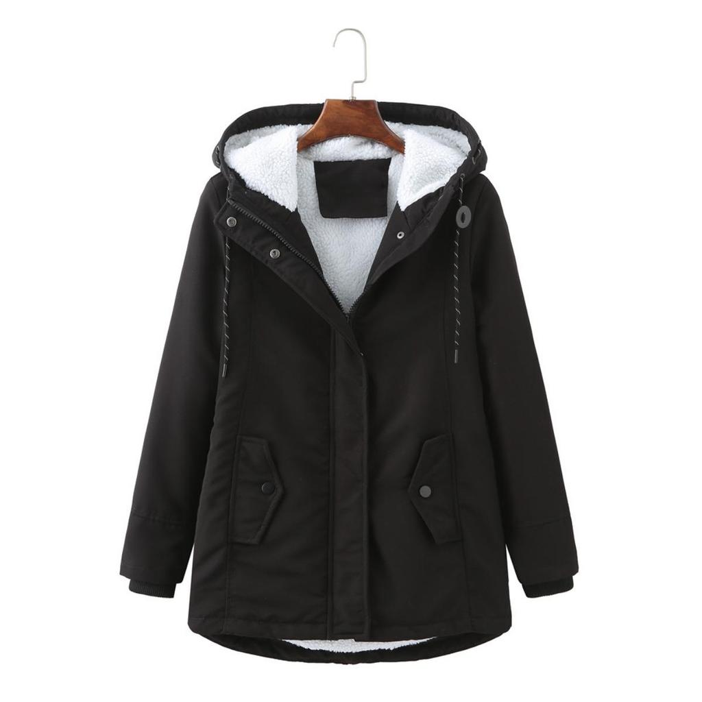 Women's European Size Hooded Lamb Wool Parka Winter Warm Waist Slimming Cotton Coat