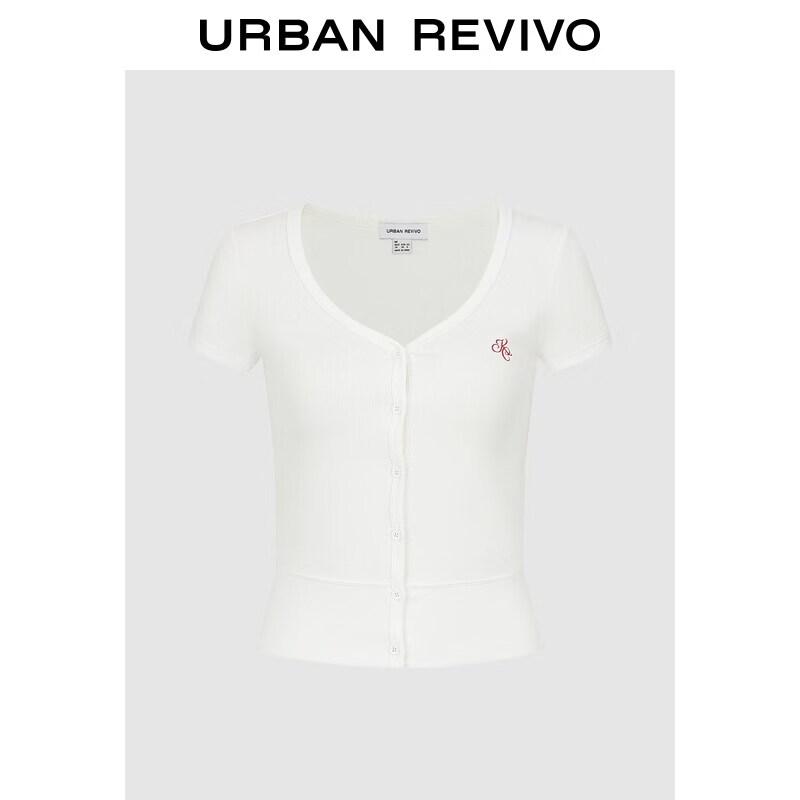 UR2026 Summer Women s Casual Textured Color-Block Embroidered V-Neck Short T-Shirt XL