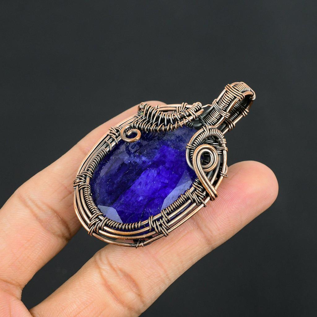Blue Sapphire Pendant, Handmade Gemstone Pendant, 999 Copper Wire Wrapped Pendant Antique Jewelry, For Engagement Gift