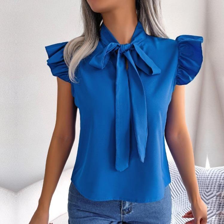 Blouse Women Chiffon Bow Tie Lace Up Tops Shirt Temperament Commuter Spring Summer Wooden Ear