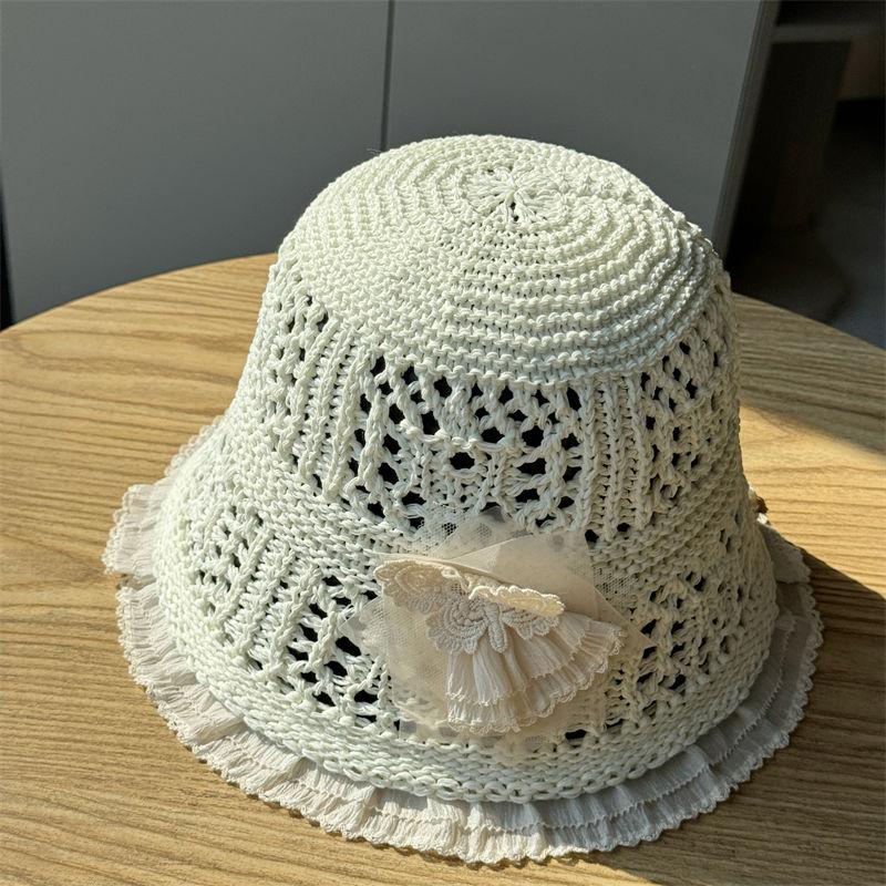 Chapeau Bob en Dentelle Française pour Femmes Printemps Été Nouveau Creux Pare-Soleil Crème Solaire Bord de Mer Chapeau de Pêcheur