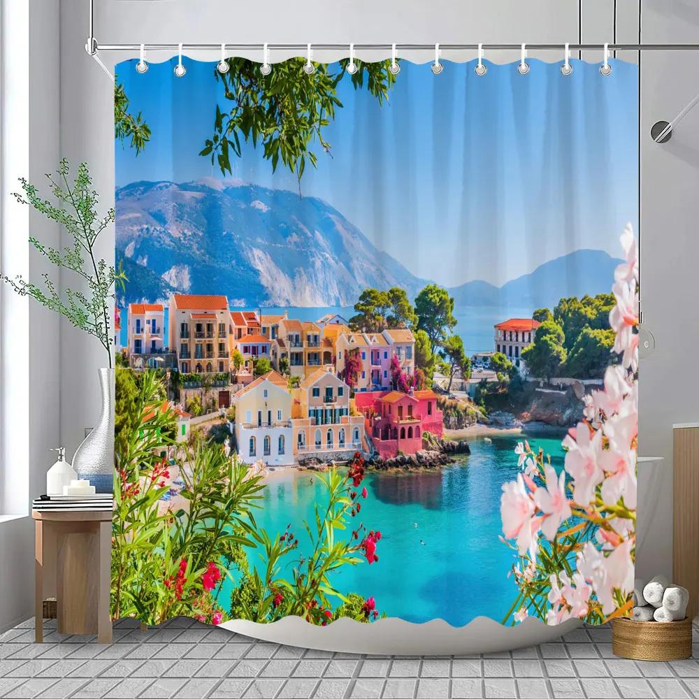 Outdoor Garden Landscape Shower Curtain Lapa Old Town Coastal Landscape Mediterranean Landscape Shower Curtains Bathroom Decor