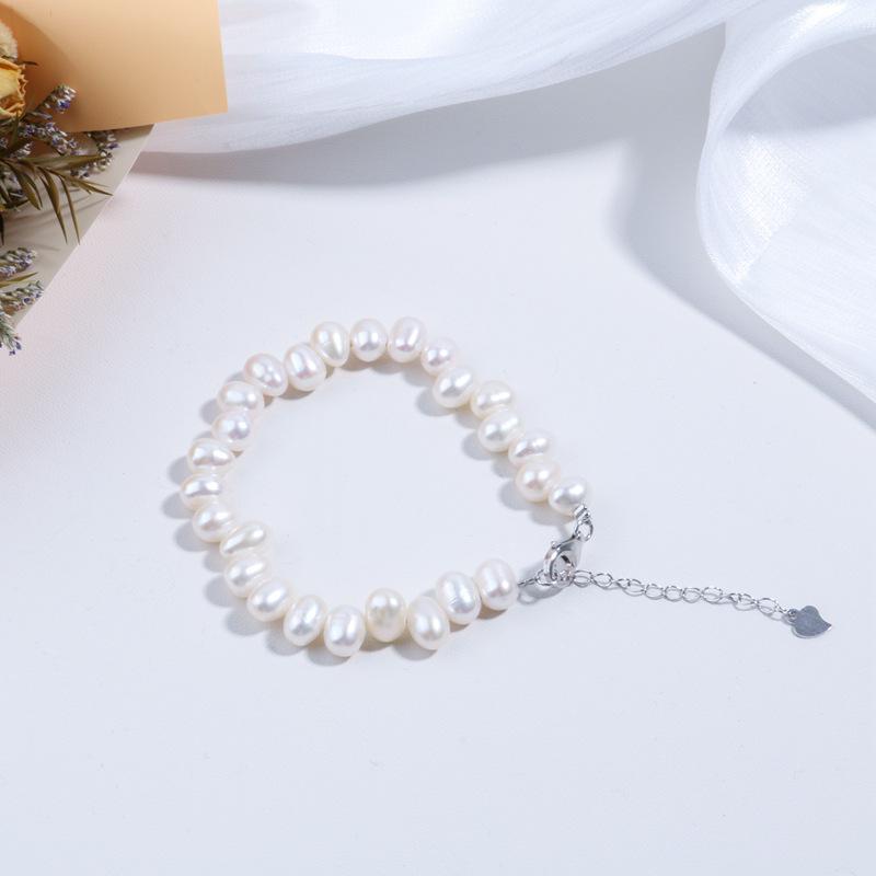 Handmade 925 Silver Serrated Bracelet with 23 Freshwater Pearl Rice Beads