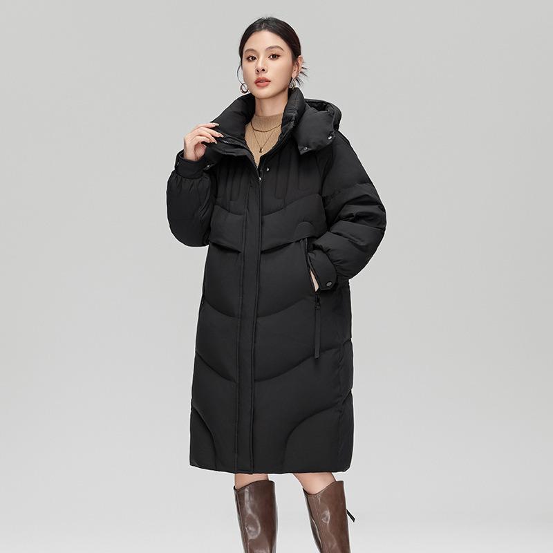 

Женская одежда средней длины и длинный пуховик для通勤 и повседневной носки, однотонный, свободный и тонкий, утолщенный теплый пуховик для женщин 1XL recommends 135-75kg чёрный