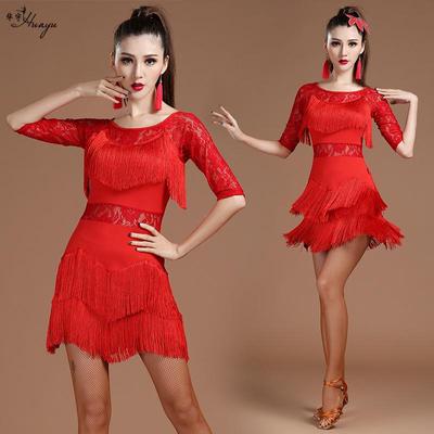 Huayu Dámské latinskoamerické taneční společenské šaty s krajkou a třásněmi