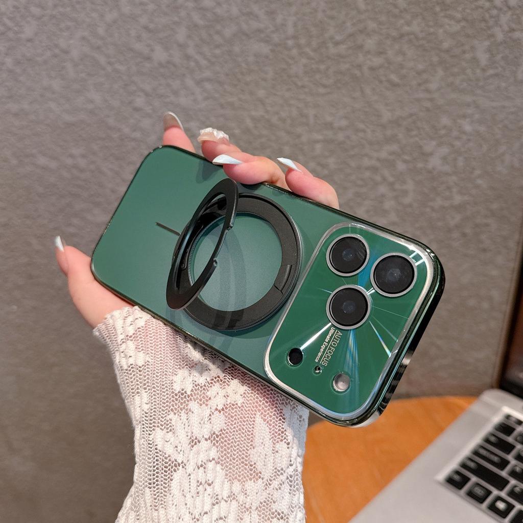 New Glossy Electroplating Magnetic TPU+PC Pure Color Wireless Charging Mobile Phone Case 360 Rotating Ring Holder for 17