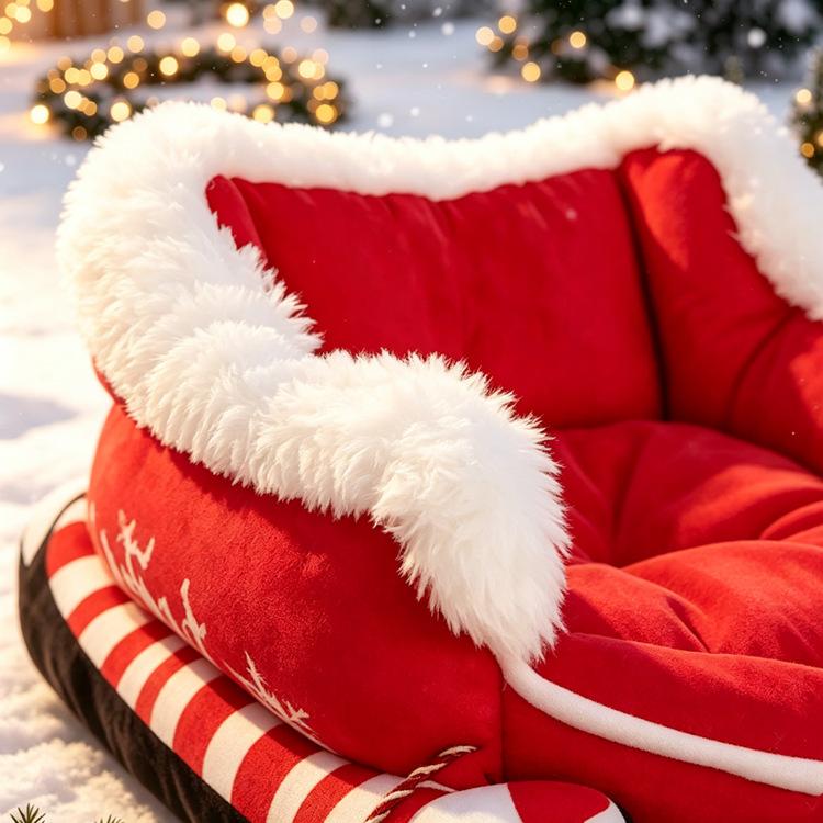 Christmas Sleigh Dog Sofa Bed Winter Warm Soft Plush Cat Lounge Mat Removable Washable Pet Sleeping Couch for Small Medium Dogs