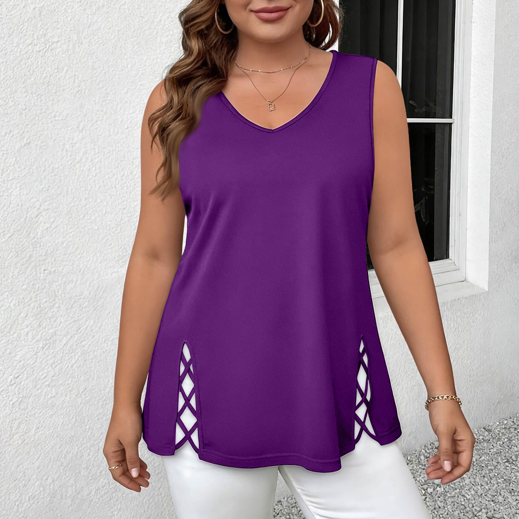 Women s Fashion Loose-Fit V-Neck Cross-Strap Sleeveless Tank Top M фиолетовый
