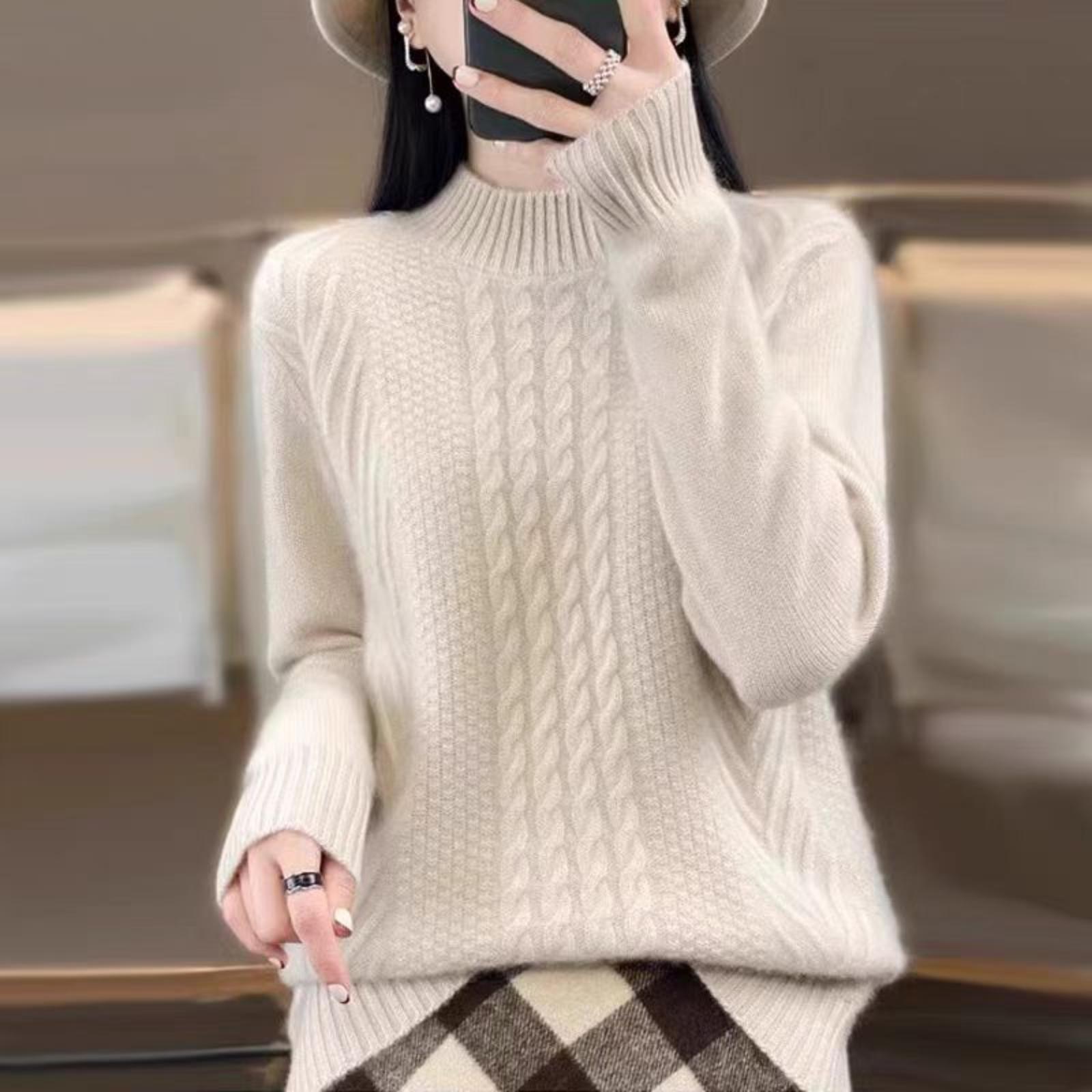 Свитер в ретро-стиле свободного кроя -цвет -горло для женщин зимний свободный пуловер мягкая и уютная вязаная одежда для женщин One Size бежевый 2190₽