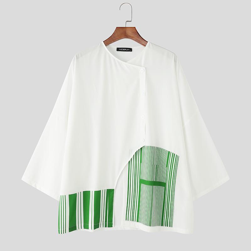 

INCERUN Мужские футболки с рукавом 3/4, разрезами, нерегулярным передом, полосатой строчкой крест-накрест, повседневные топы 2XL зелёный