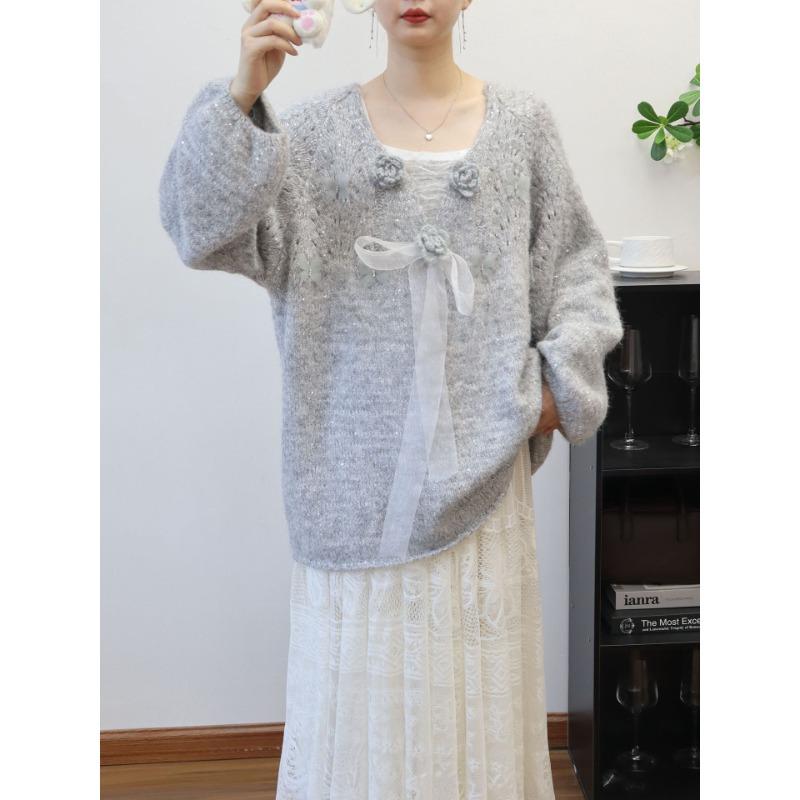 Autumn and winter new medium and long three-dimensional flower bow sweet knitted sweater top loose sweater pullover woman
