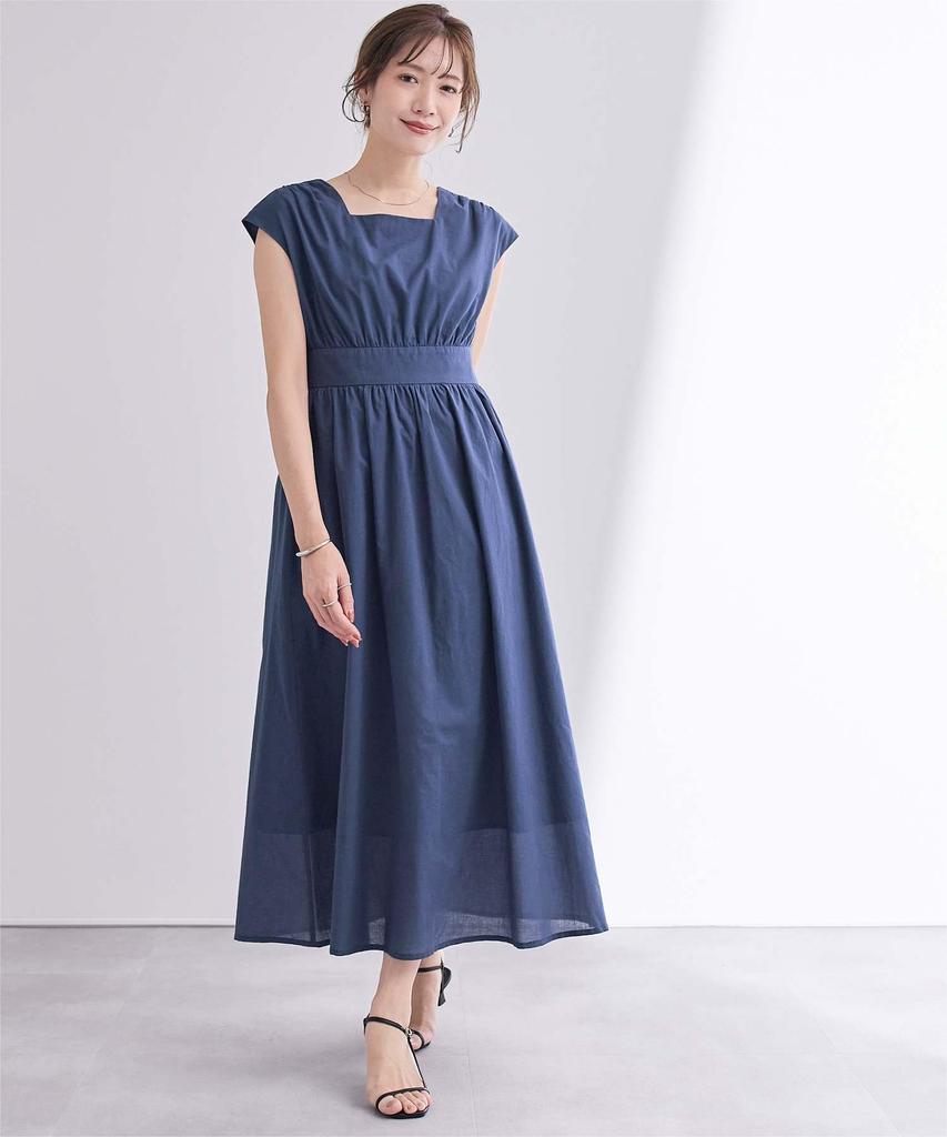 Dein Quadratischer Ausschnitt Französischer Ärmel Kleid BFXU1847 Klein Marineblau Hohe Taille Damen