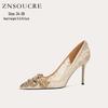 French Lambskin Stiletto Heels - Women's Rhinestone Pointed Toe Shoes, New Chinese Style Sexy High Heels.