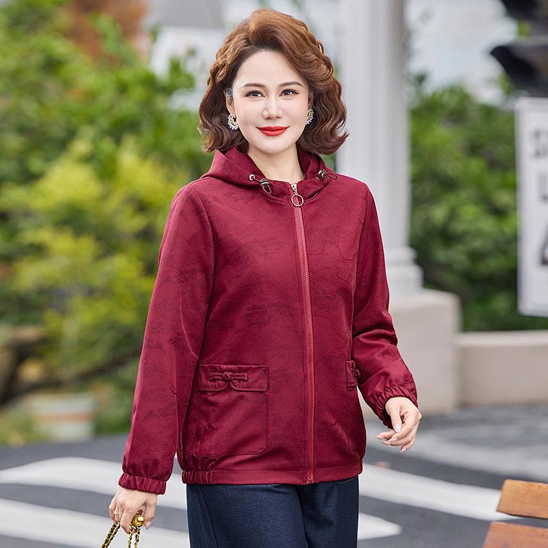 

Petite Mother s Stylish Spring & Autumn Hooded Jacket for Middle-Aged & Elderly Women 4XL (for 150-165 lbs) червоний