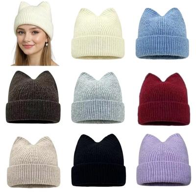 Warm Cat Ear Knitted Hat Solid Color Beanies Hat Ear-Protecting Wool Hat  Ear Protection Hat