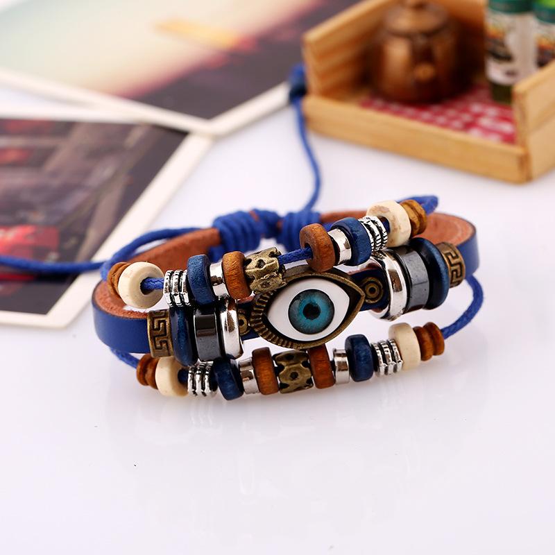 1pcs Couple Pull Adjustable Bracelet, Beaded Eye Leather Bracelet, Cowhide Handmade Jewelry