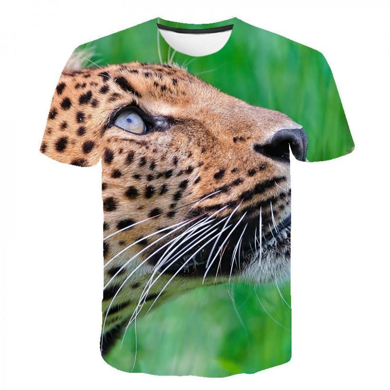 Mens Short Sleeve T-Shirt With 3D Leopard Head Print Loose Fit Cotton Blend Tee Casual Wear