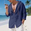 Mens Linen Hooded Long Sleeve Open Front Casual Beach Shirt