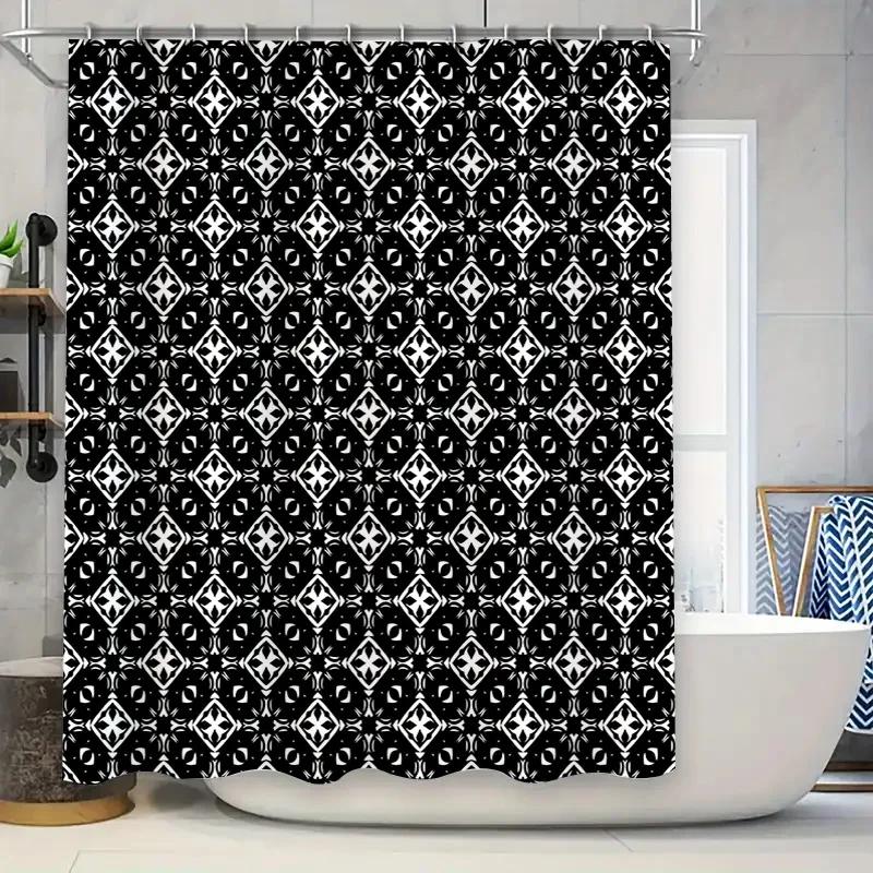 

Vintage Retro Style Bathroom Decor Shower Curtain Black White Geometric Pattern Waterproof Fabric for Bathtub Home Decoration 84 W90xH180cm