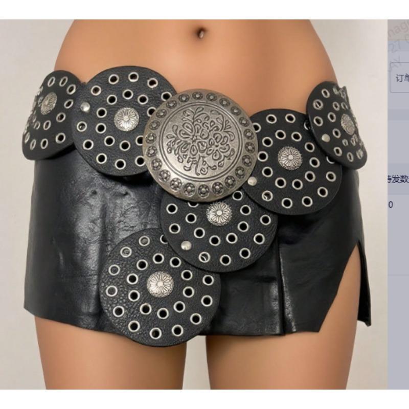 Medieval Spice Girl, Millennium Subculture, Disc Hook, Faux Leather, Retro Riveted, Alloy Belt, Wide Belt