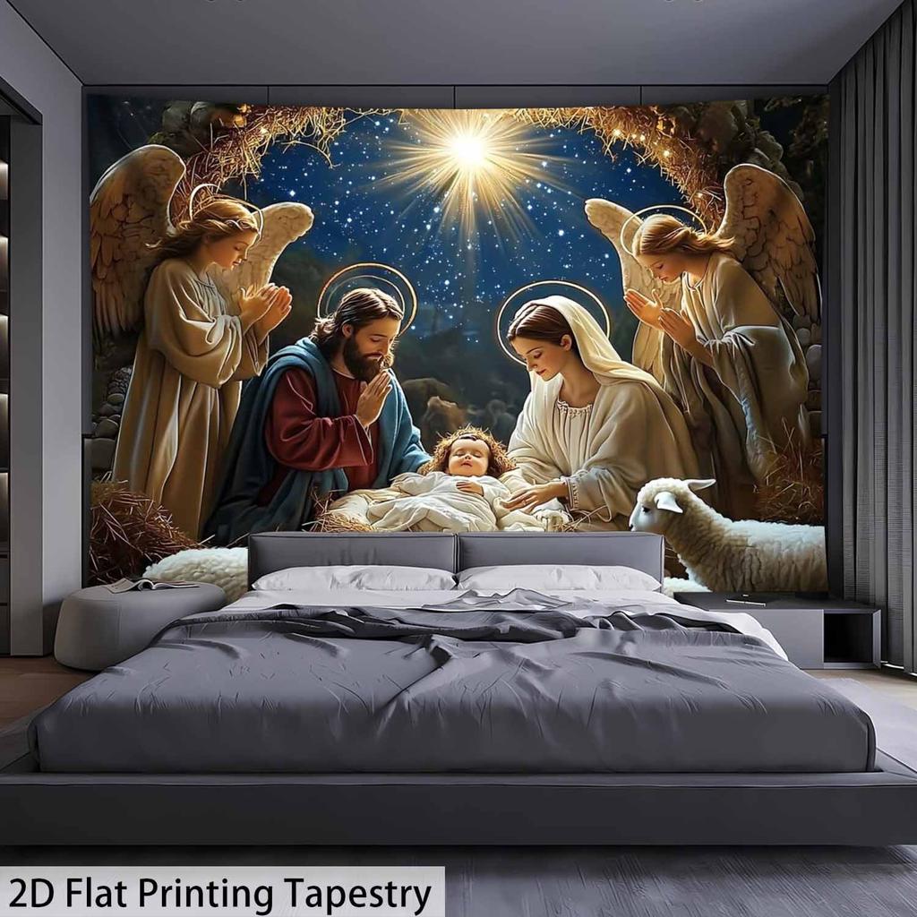 Krippen-Wandteppich, Baby Jesus mit Maria und Josef in der Krippe, Religiöses Wandbehang für Wohnzimmer Schlafzimmer