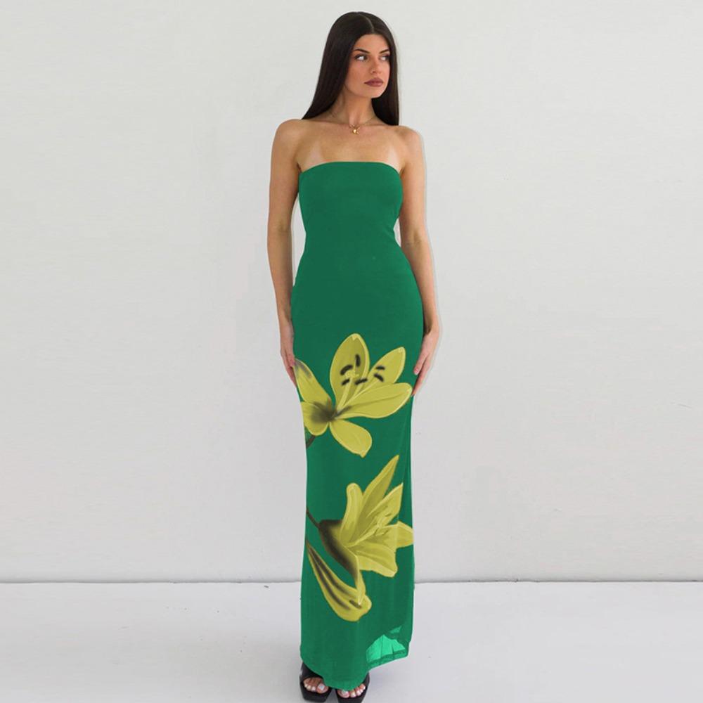 Damen trägerloses ärmelloses Maxikleid schmale Passform mittlere Leibhöhe sexy Blumenprint Meerjungfrauenkleid