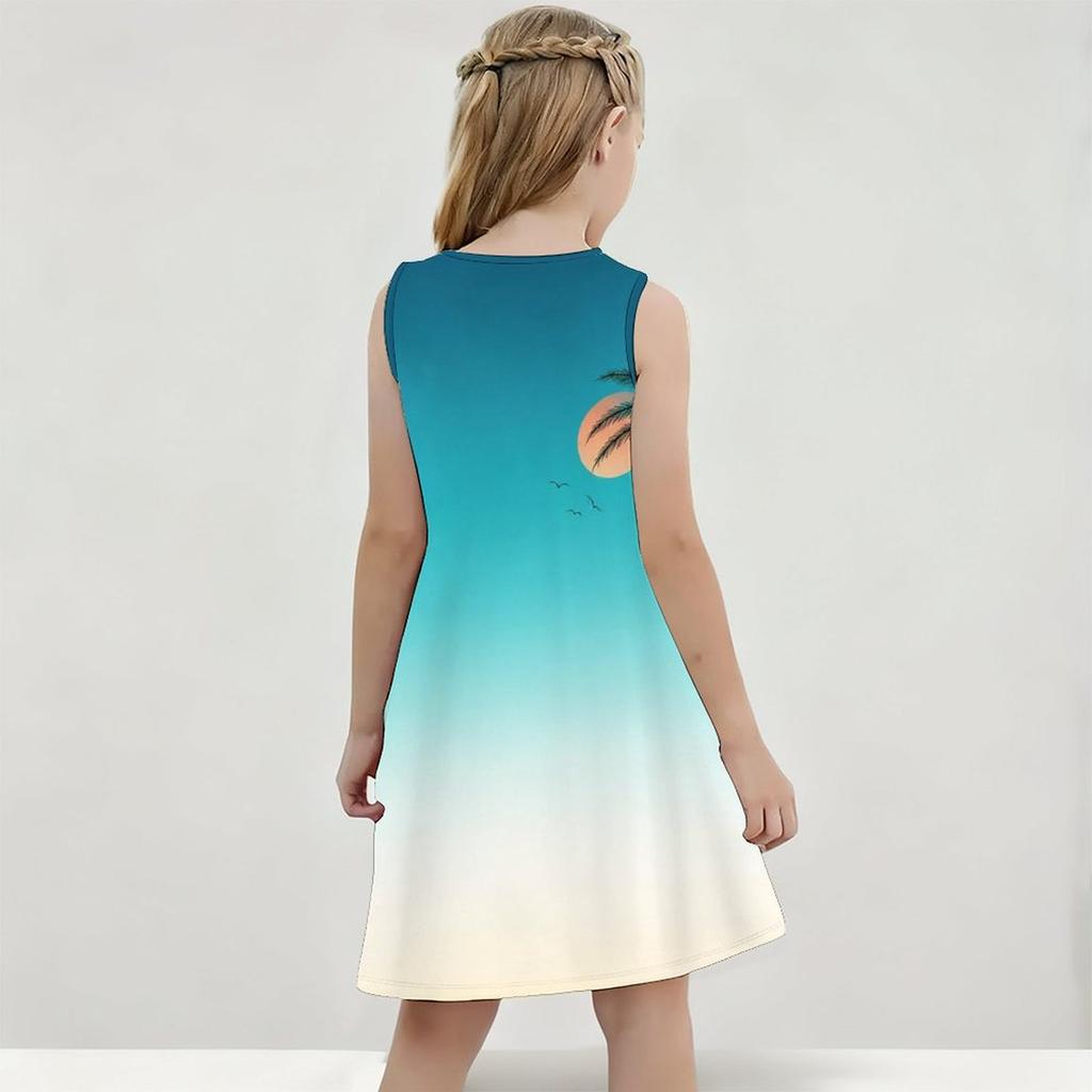 Little Girls Round Neck Sleeveless Clover Printed A Line Flared Dress