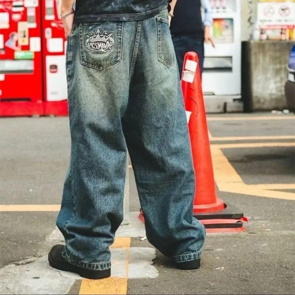 High Street Retro Harajuku Streetwear Trousers American Style Baggy Washed Jeans Trendy Loose Casual  Pants