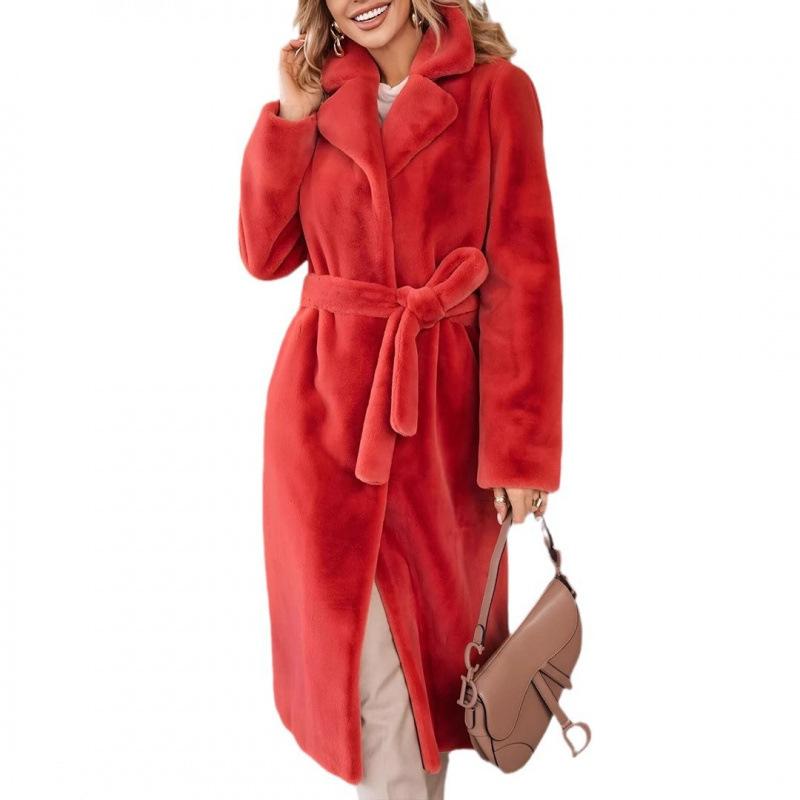 2024 Herbst/Winter Damenmode Modische Elegante Schnürung Revers Plüsch Lange Jacke für Damen