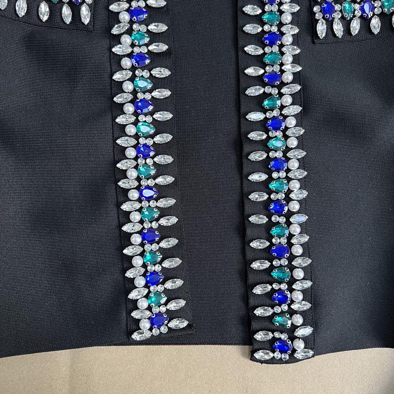 Black Rhinestone Long Sleeve Bandage Top and Short Jacket Evening Dress