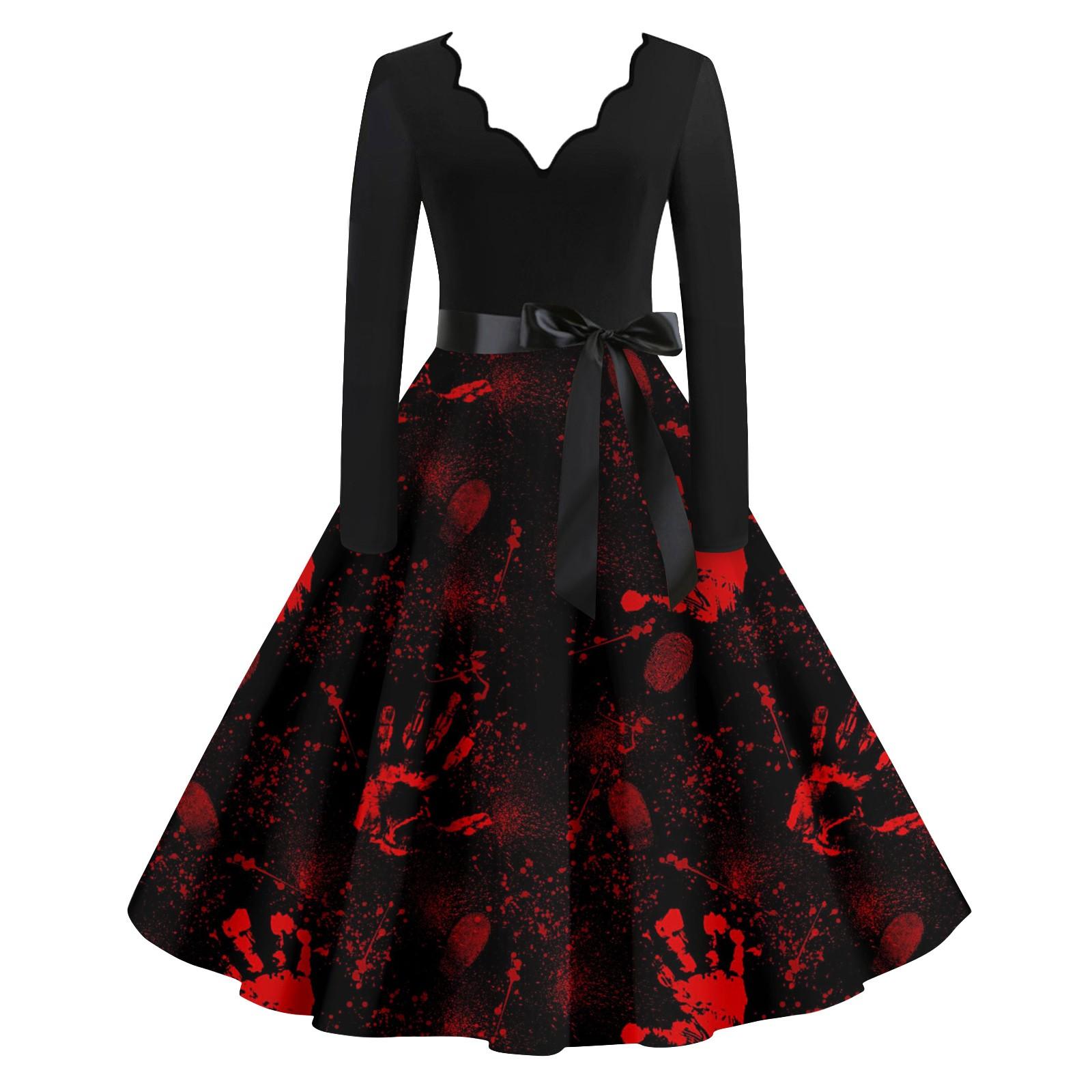 

Женские повседневные модные винтажные длинные платья с длинным рукавом на Хэллоуин и графическим принтом S чёрный