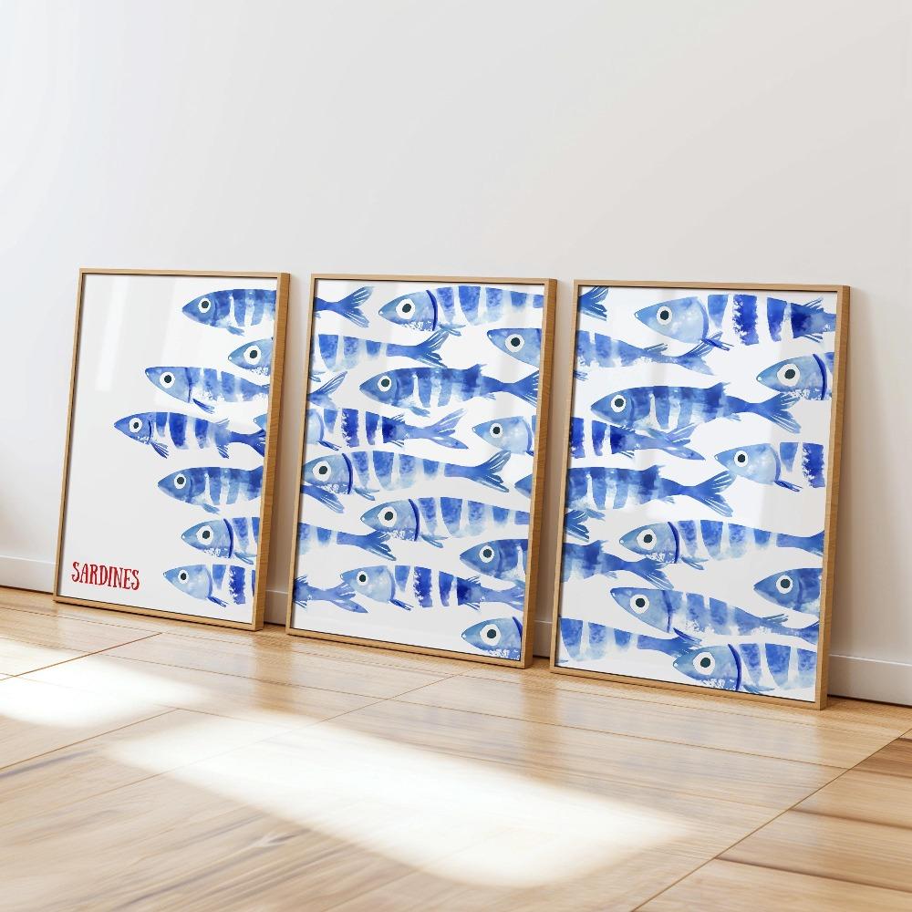 3pcs Frameless,Sardine Print Cloth,Blue Watercolor Fish Poster,Beach House Decoration,Coastal Wall Art,Retro Mediterranean Art