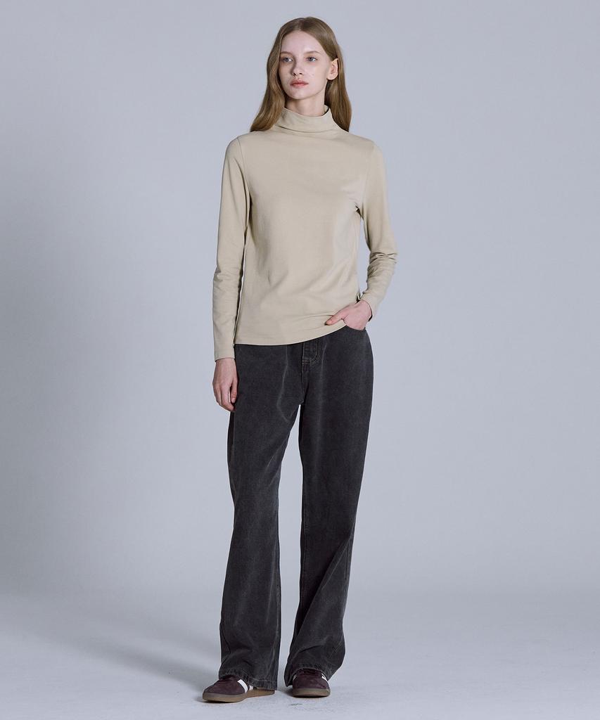 BASIC HOUSE Women'S High-Neck Stretch Long-Sleeve T-Shirt Beige Lats0219