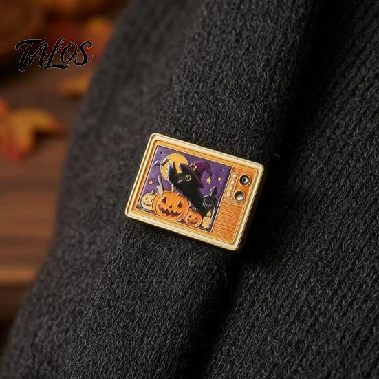 Holiday Costume Accessory Retro TV Brooch for Halloween, Pumpkin Ghost Black Cat Crow Halloween Party Badge, Lapel Pin Sweaters Jackets Scarves
