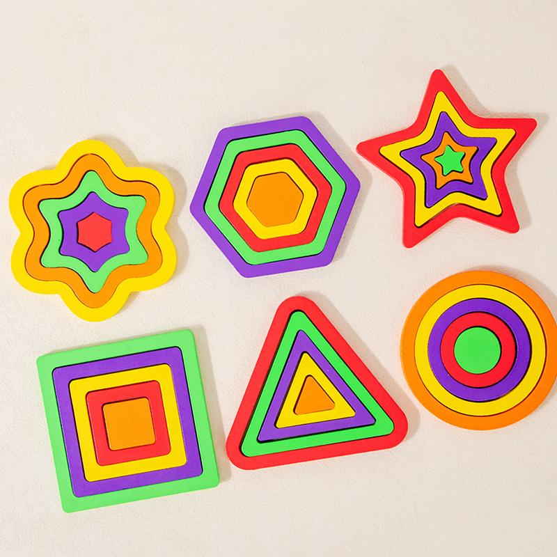 Wooden 3D Shapes Color Cognition Board Geometric Puzzles Montessori Puzzle Educational Toy for Toddlers Color Shape Learning