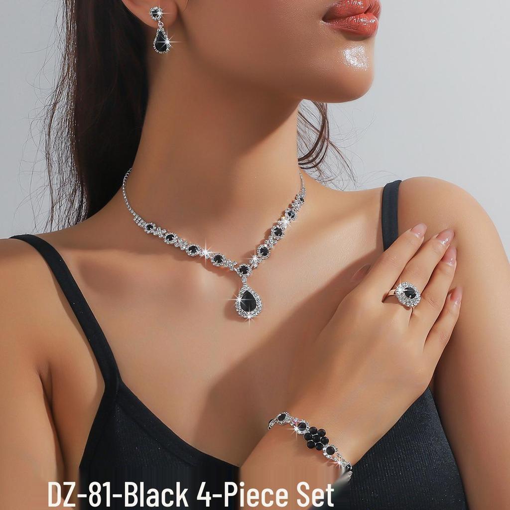 European & American Multi-Color Rhinestone Jewelry Set: Green, Blue & Red Necklace, Earrings, Bracelet & Ring