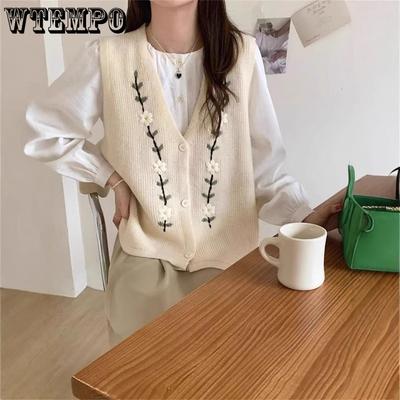 Retro Embroidered Knitted Vest for Women Spring/Autumn V-neck Sweater Tank Top for Women