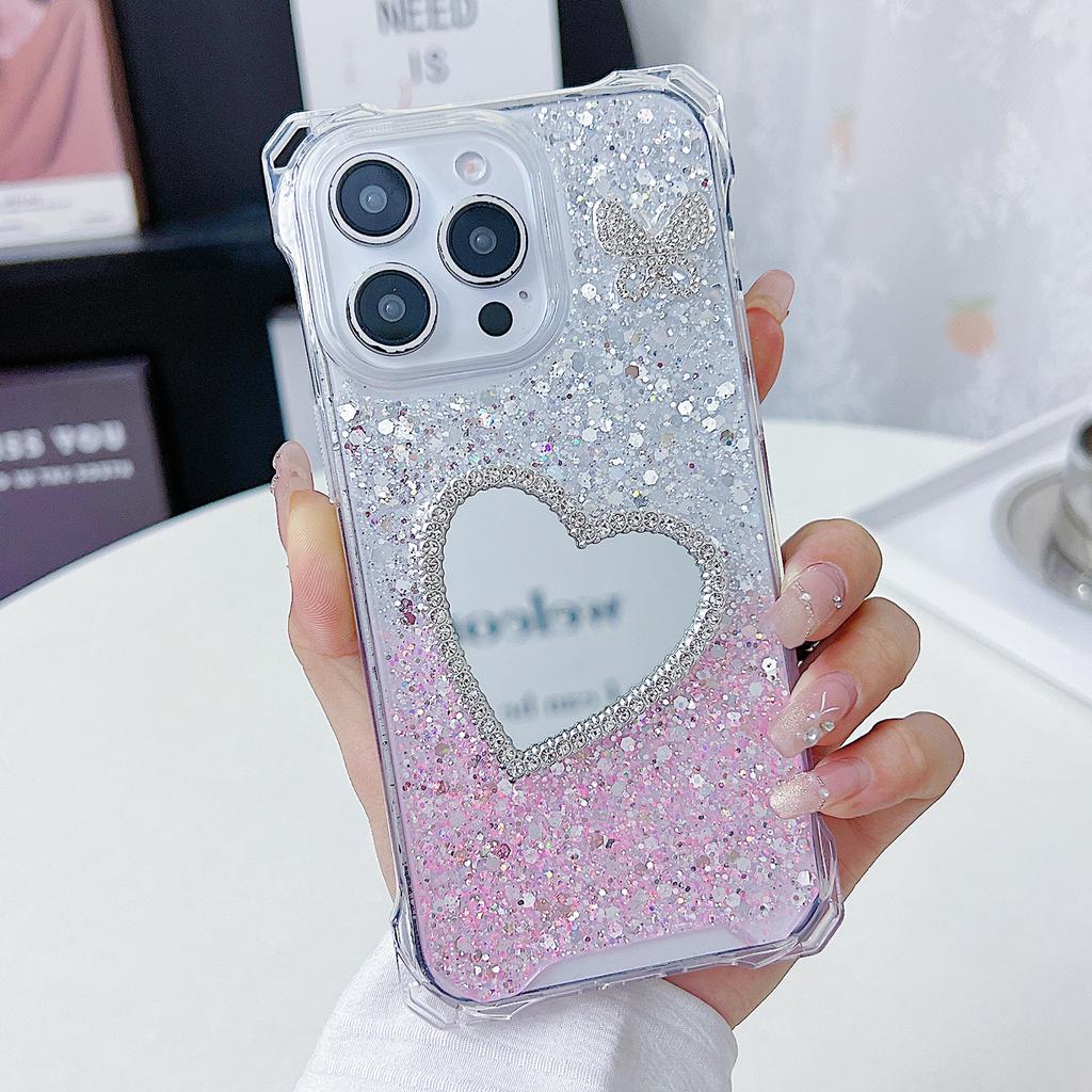 For iPhone 16 Pro Case with Heart Mirror Epoxy Glitter TPU+Acrylic Phone Back Cover