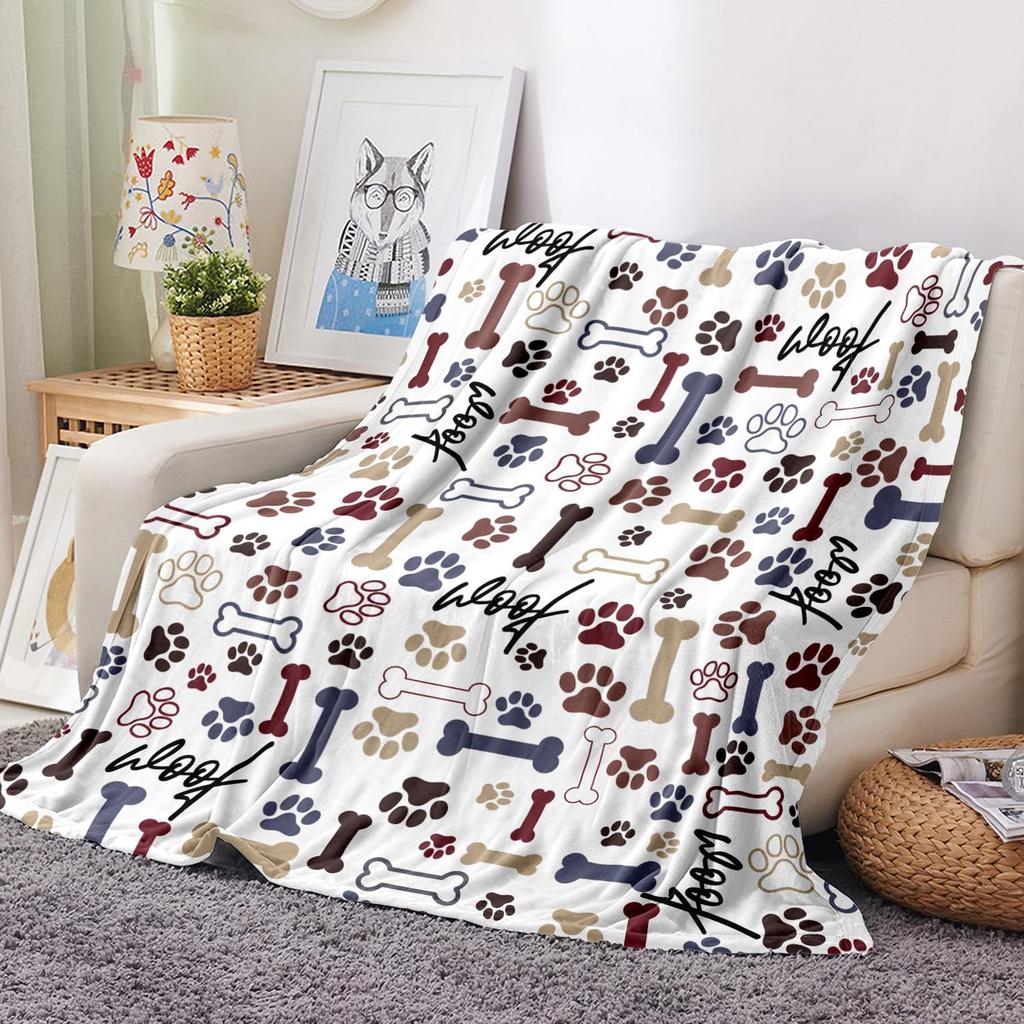 Dog Throw Blanket Dog Paw Bones Print Blanket Super Soft Flannel Fleece Blanket Lightweight Fluffy Plush Bed Blankets