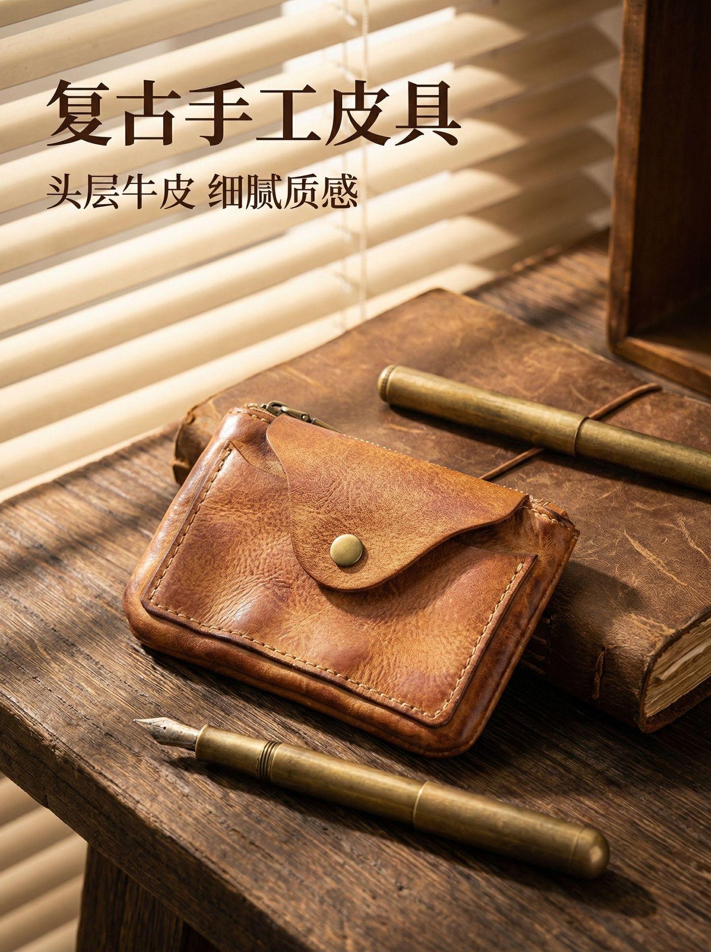 

Ultra-Slim Compact Genuine Leather Coin Purse, Minimalist Vintage Card Holder with Snap & Zipper,Lightweight Front Pocket Wallet світло-коричневого кольору