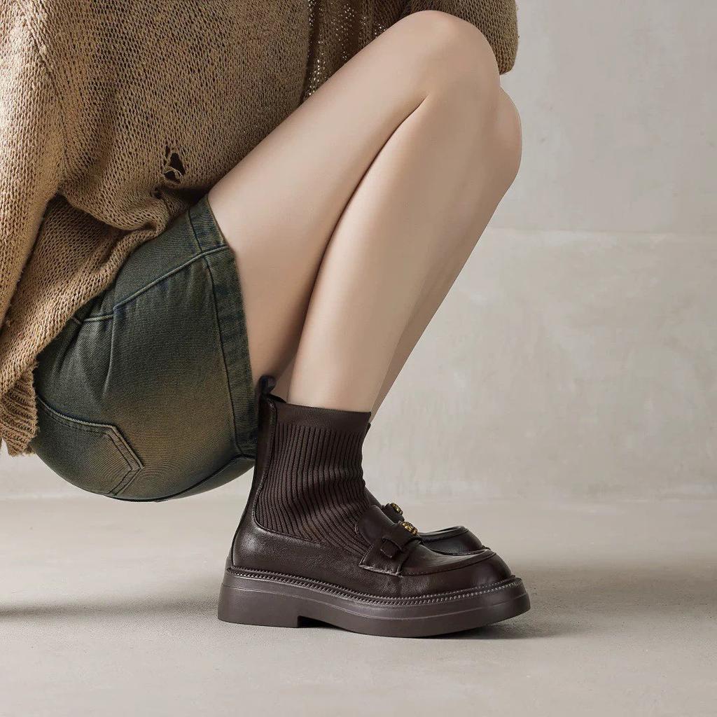 Thick-soled British short boots women's autumn and winter new camellia elastic thin boots Martin boots knitted socks boots