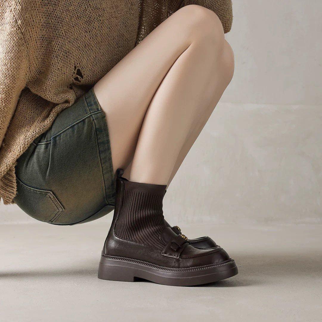 

Женские осенне-зимние новые короткие ботинки в британском стиле на толстой подошве, эластичные тонкие ботинки с камелией, ботинки Мартин, вязаные ботинки-носки 40