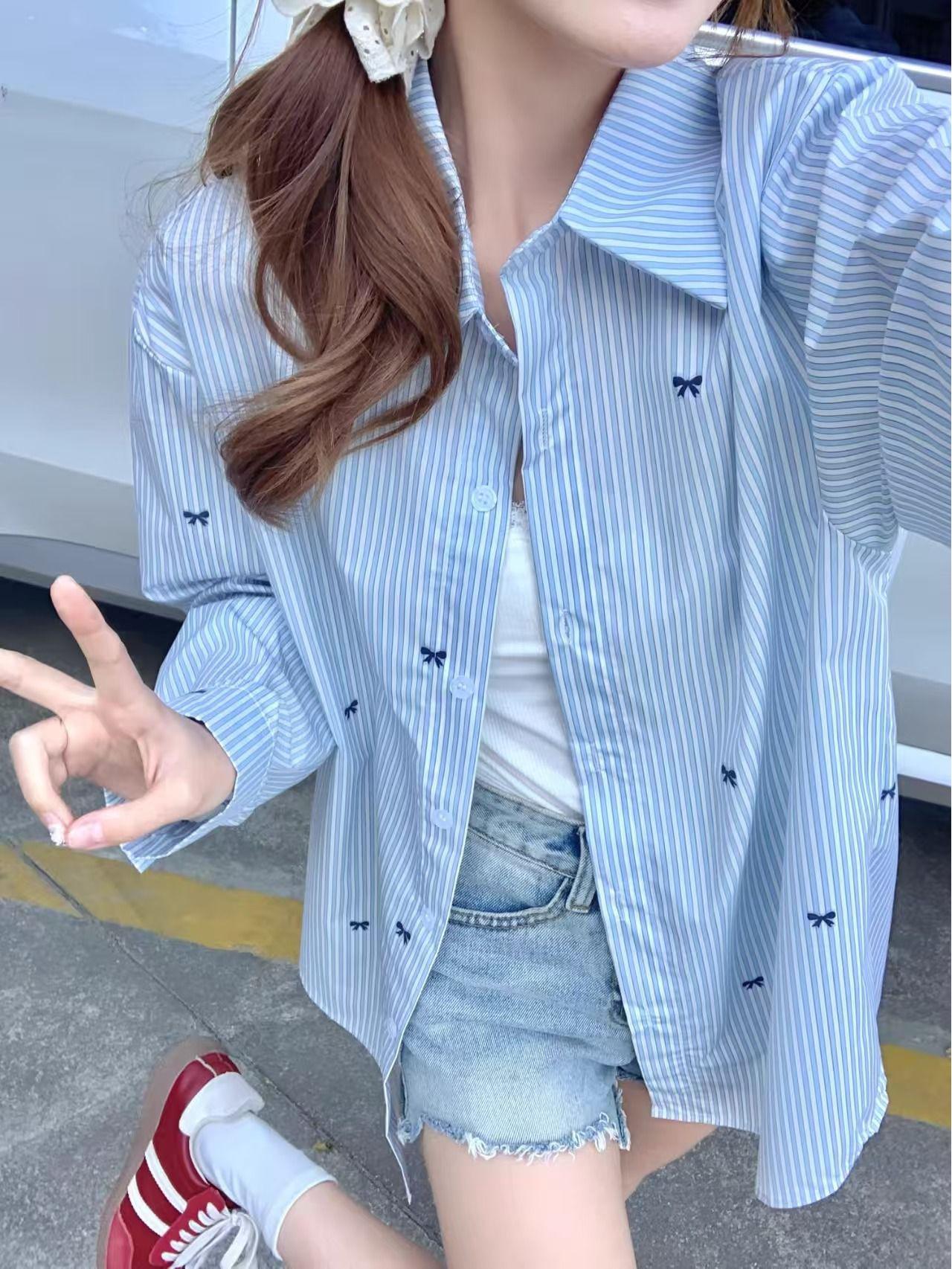 Women s Bow Print Long Sleeve Striped Shirt - Versatile Spring/Autumn Top Small синий